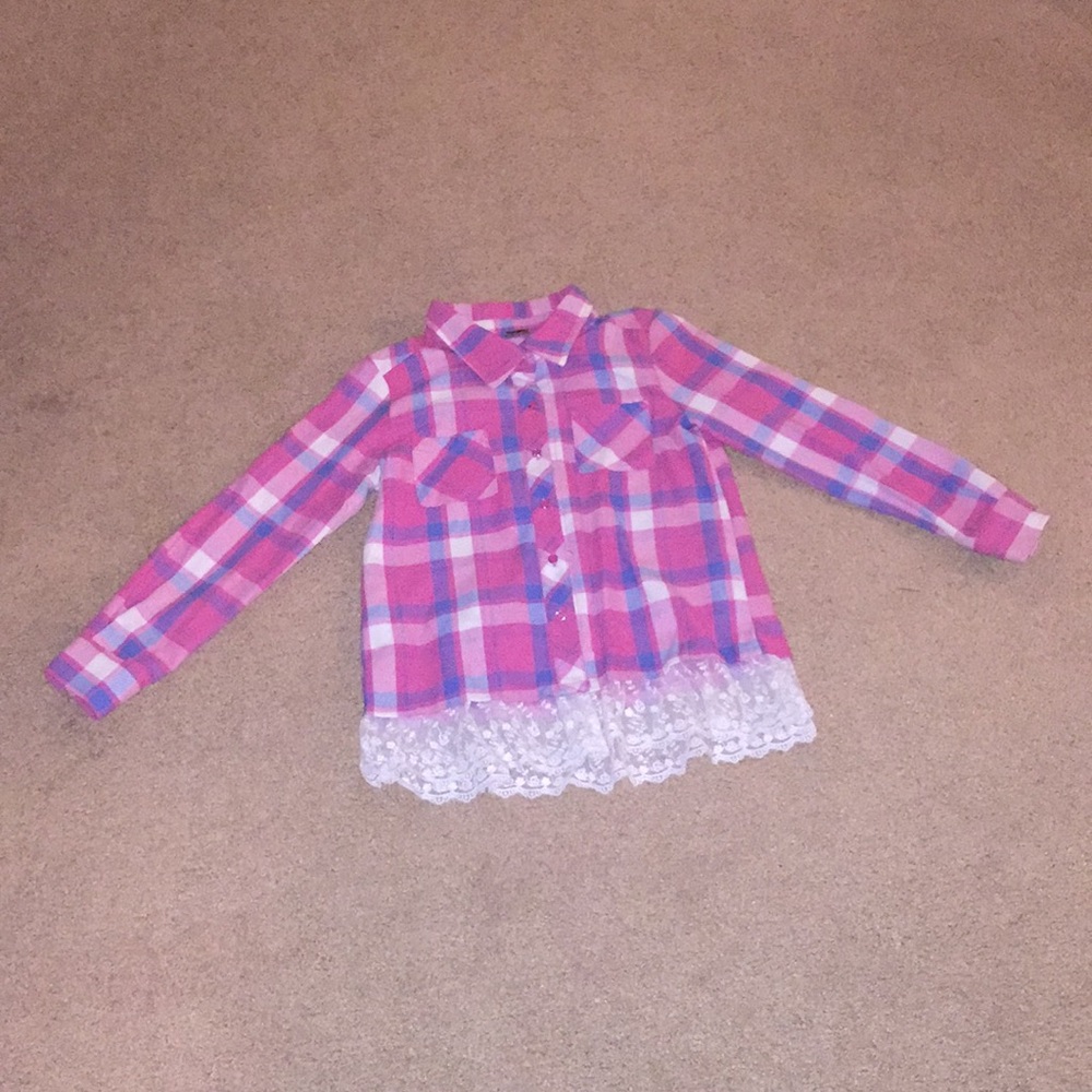 Pink white and blue plaid with cool lace at hem